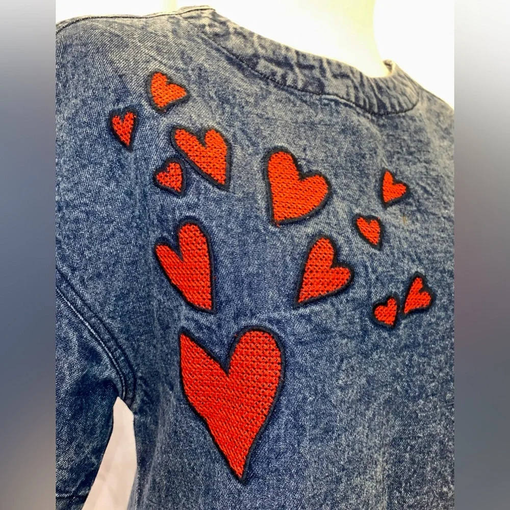 Anthropologie Dhruv Kapoor Embroidered Hearts Denim Short Sleeve Mini Dress - Picture 5 of 11